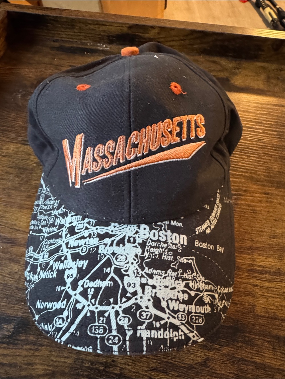 Massachusetts Embroidered Navy & Orange Baseball Cap